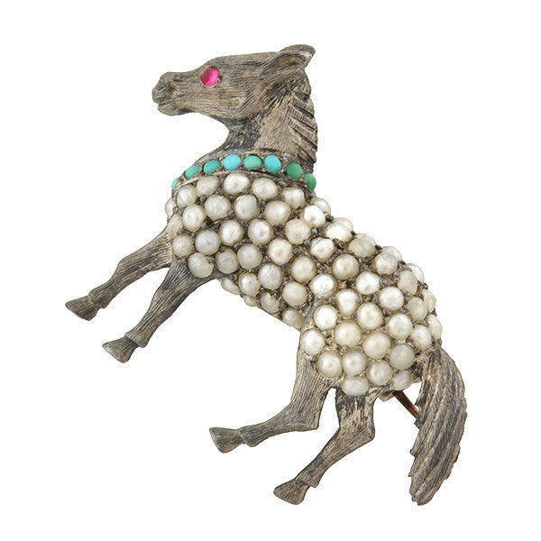 Victorian Sterling Pavé Seed Pearl & Turquoise Pony Pin