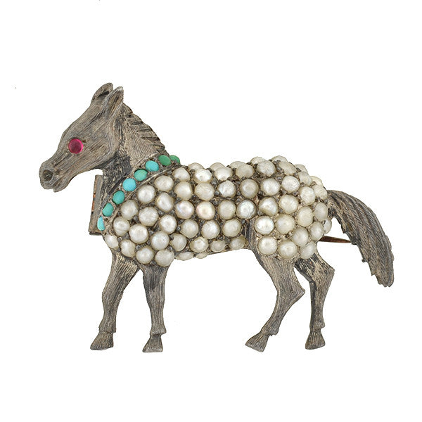 Victorian Sterling Pavé Seed Pearl & Turquoise Pony Pin