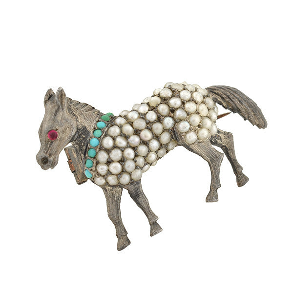 Victorian Sterling Pavé Seed Pearl & Turquoise Pony Pin