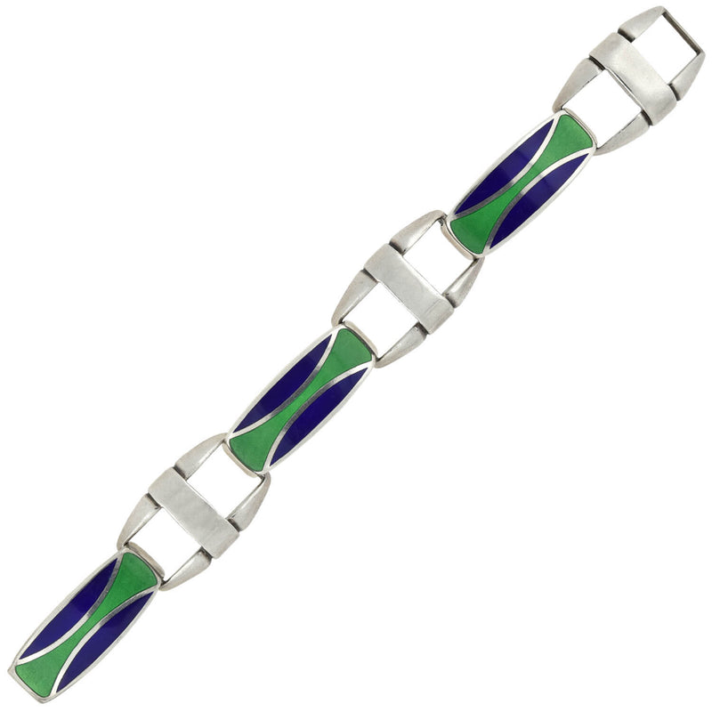 Vintage Signed Sterling Blue + Green Enamel Chunky Link Bracelet