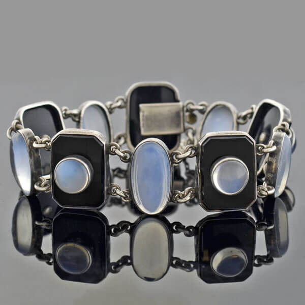 Art Deco Sterling Silver Onyx & Moonstone Link Bracelet