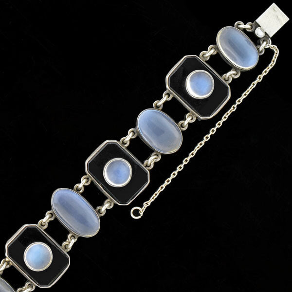 Art Deco Sterling Silver Onyx & Moonstone Link Bracelet