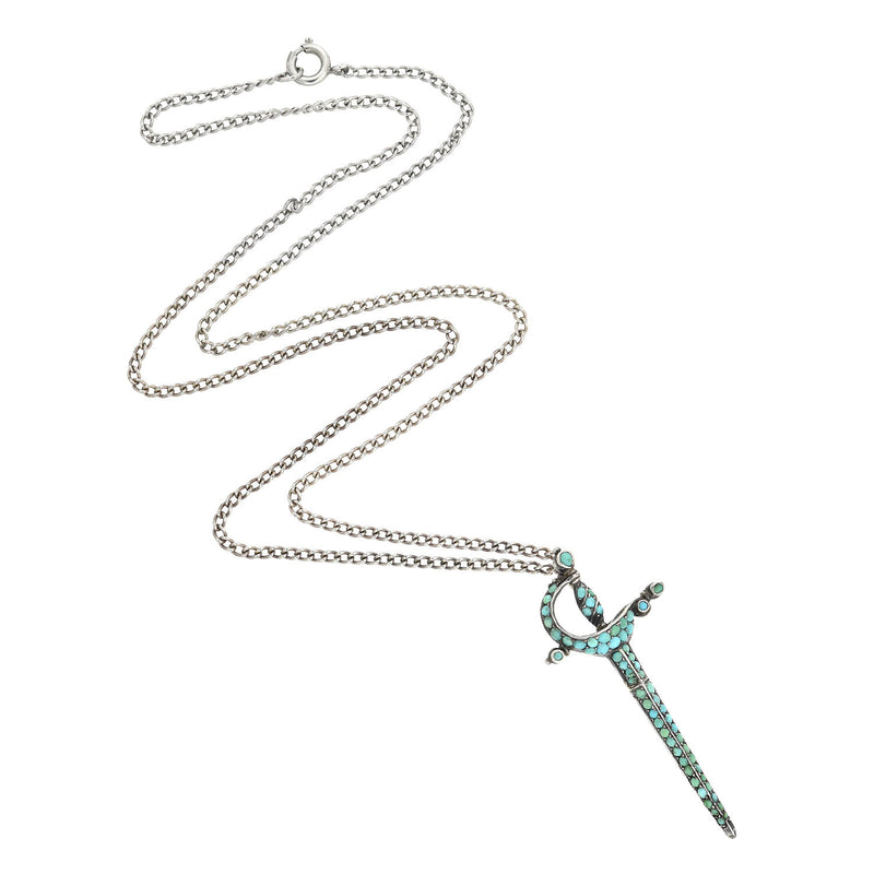 Victorian Sterling Pavé Turquoise Rapier Sword Conversion Pendant Necklace