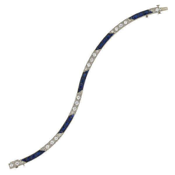 Art Deco Platinum Diamond & Synth. French Cut Sapphire Line Bracelet