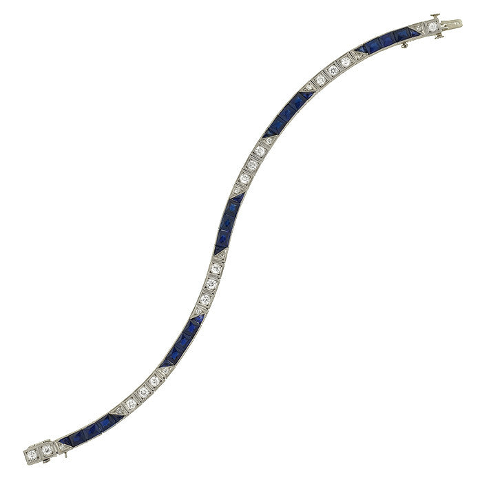 Art Deco Platinum Diamond & Synth. French Cut Sapphire Line Bracelet
