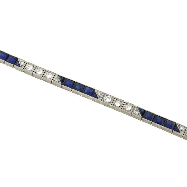 Art Deco Platinum Diamond & Synth. French Cut Sapphire Line Bracelet