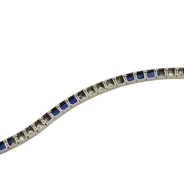 Art Deco Platinum Diamond & Synth. French Cut Sapphire Line Bracelet