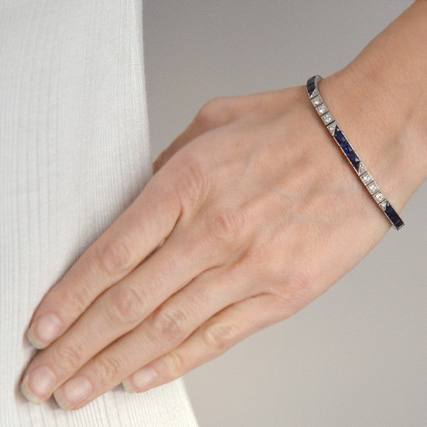 Art Deco Platinum Diamond & Synth. French Cut Sapphire Line Bracelet