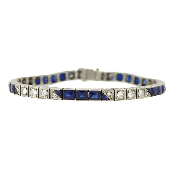 Art Deco Platinum Diamond & Synth. French Cut Sapphire Line Bracelet