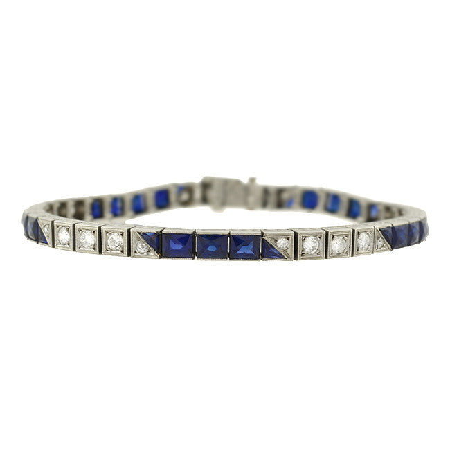 Art Deco Platinum Diamond & Synth. French Cut Sapphire Line Bracelet