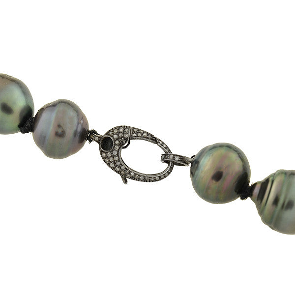 Estate Tahitian Black Pearl Necklace with Pavé Diamond Clasp
