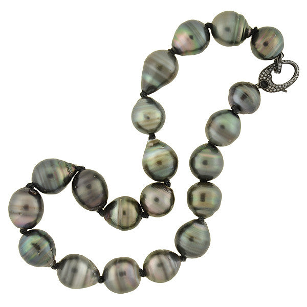 Estate Tahitian Black Pearl Necklace with Pavé Diamond Clasp