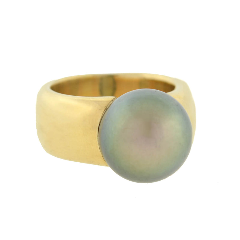 Estate 18kt Gold Wide Band Ring with 12mm Tahitian Pearl