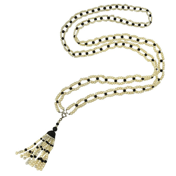 Art Deco Platinum, Natural Pearl & Enamel Bead Necklace w/ Tassel