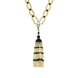 Art Deco Platinum, Natural Pearl & Enamel Bead Necklace w/ Tassel