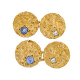 Edwardian 14kt Textured Gold Diamond & Sapphire Cufflinks