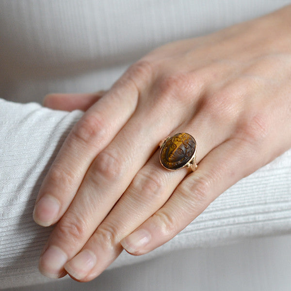 Late Victorian 10kt Carved Tiger's Eye Cameo Ring