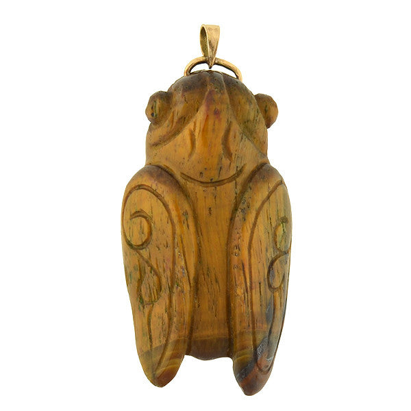 Vintage 14kt Carved Tiger's Eye Cicada Pendant