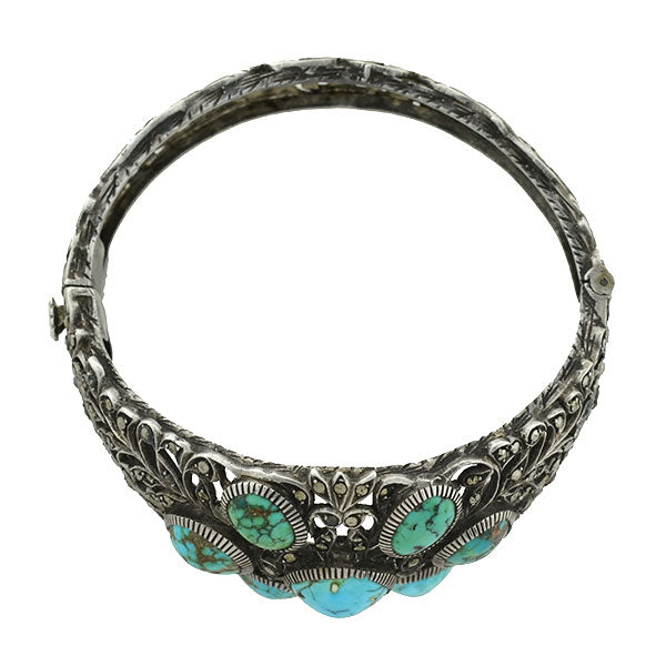 Art Deco Sterling Turquoise & Marcasite Filigree Bracelet