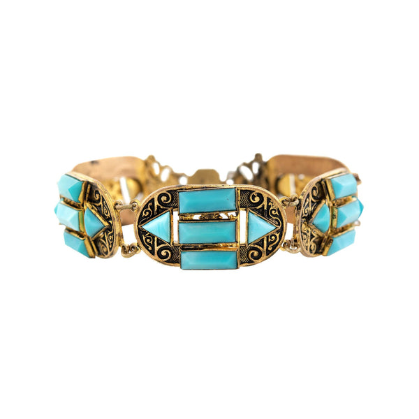Art Deco Brass + Czech Glass "Turquoise" Bracelet