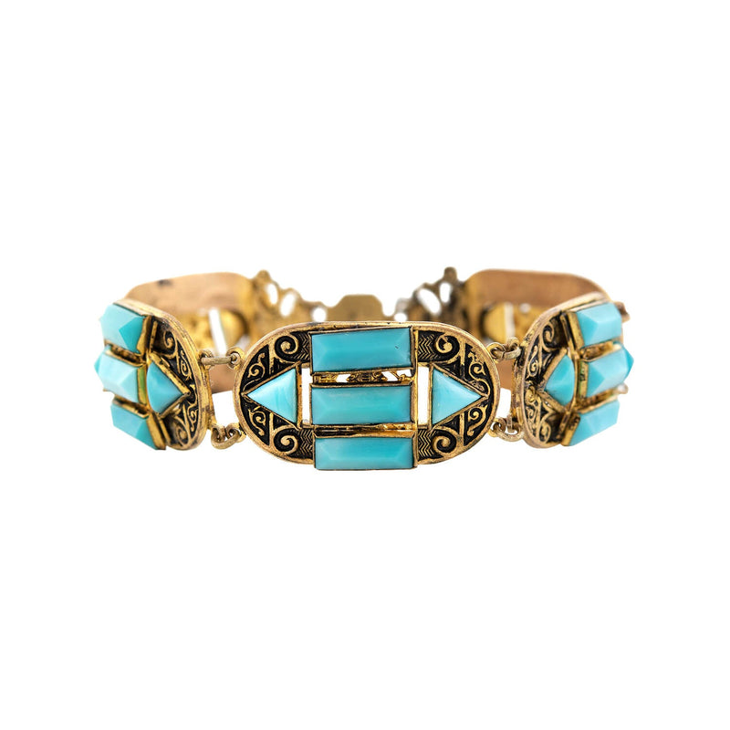 Regency 15ct Gold & Turquoise Bracelet with Heart Drop in Original Case  (688W) | The Antique Jewellery Company