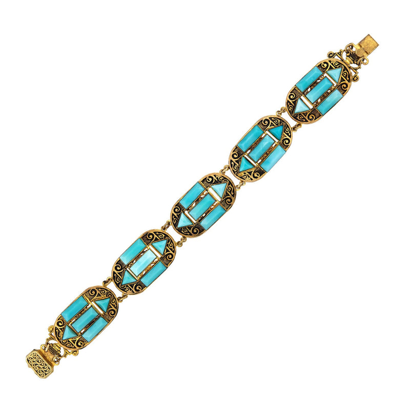 Art Deco Brass + Czech Glass "Turquoise" Bracelet