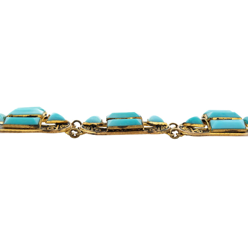 Art Deco Brass + Czech Glass "Turquoise" Bracelet
