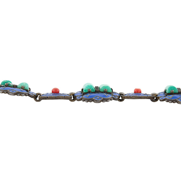 Art Deco Sterling, Enamel, Amazonite + Coral Bracelet