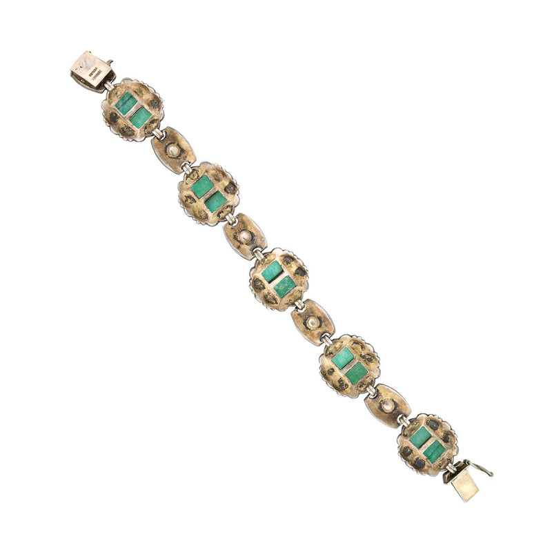 Art Deco Sterling, Enamel, Amazonite + Coral Bracelet
