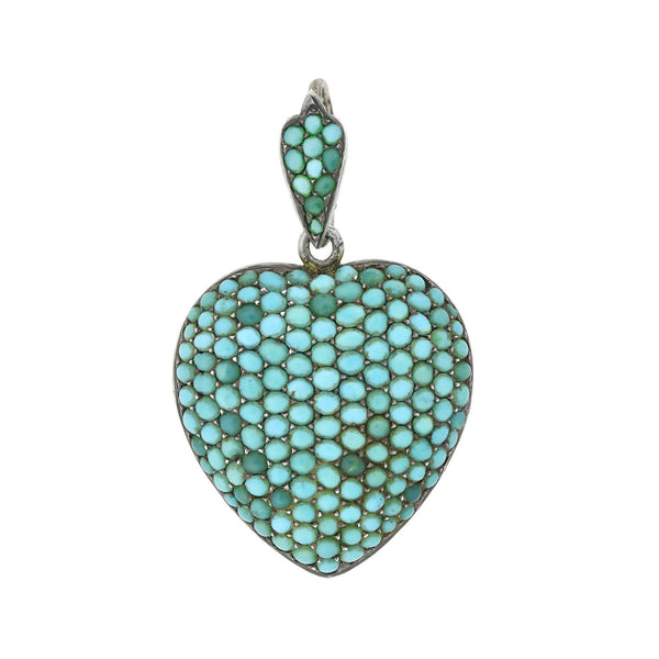 Victorian Silver Gilt + Pavé Turquoise Heart Locket Pendant