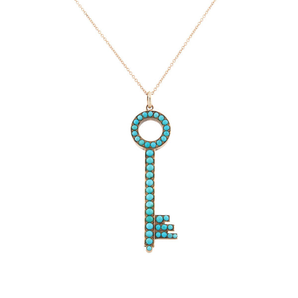 Victorian 14kt Rose Gold + Persian Turquoise Key Pendant Necklace