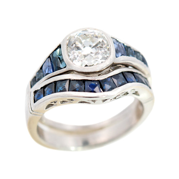 Art Deco Style Platinum Diamond + French Cut Sapphire Engagement Ring Set 1.53ct