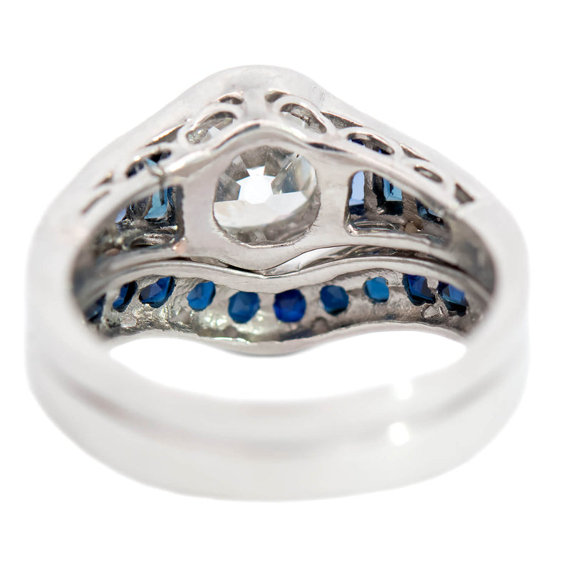 Art Deco Style Platinum Diamond + French Cut Sapphire Engagement Ring Set 1.53ct