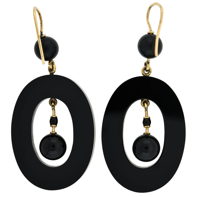 Victorian Large 14kt Carved Onyx Oval-Shaped Hoop Earrings