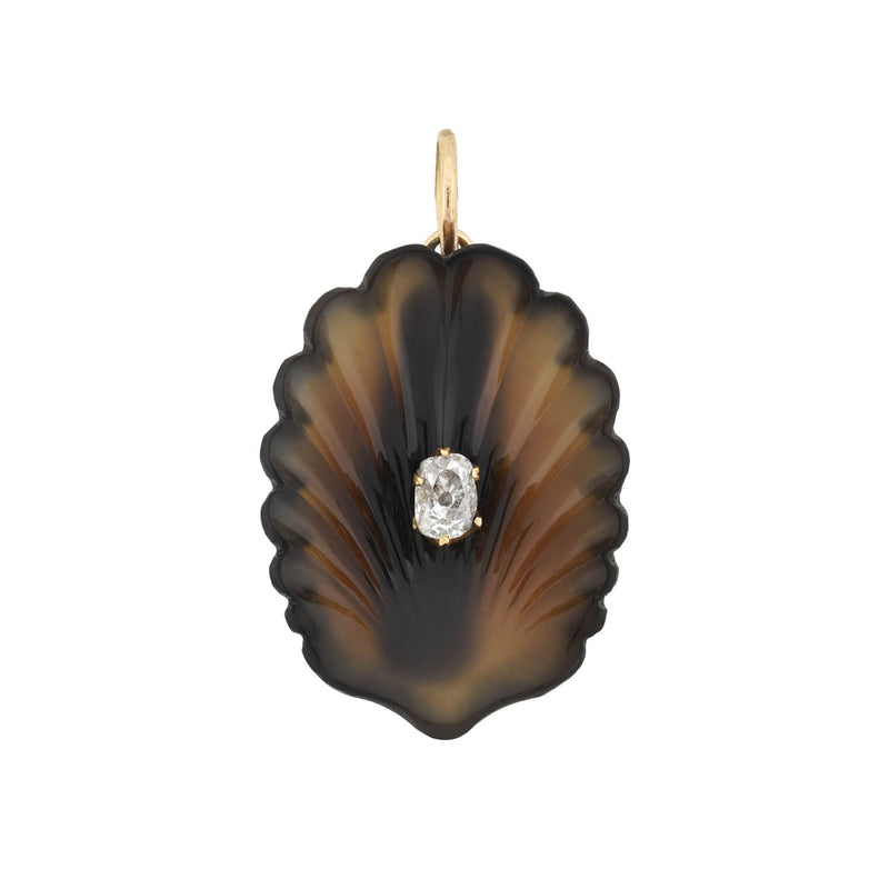 Victorian 14kt Carved Agate + Diamond Seashell Pendant