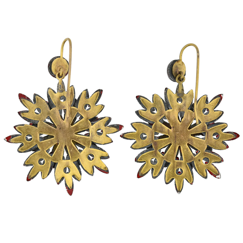Victorian Brass Red Vauxhall Glass Starburst Earrings
