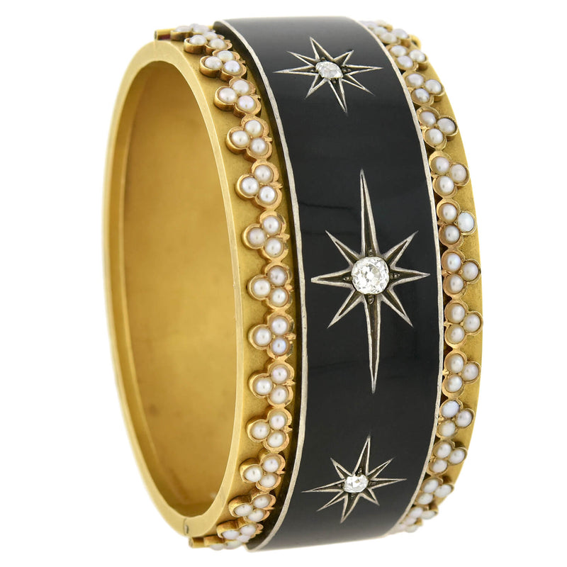 Victorian 18kt Enameled Diamond + Pearl Starburst Motif Bracelet