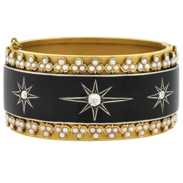 Victorian 18kt Enameled Diamond + Pearl Starburst Motif Bracelet