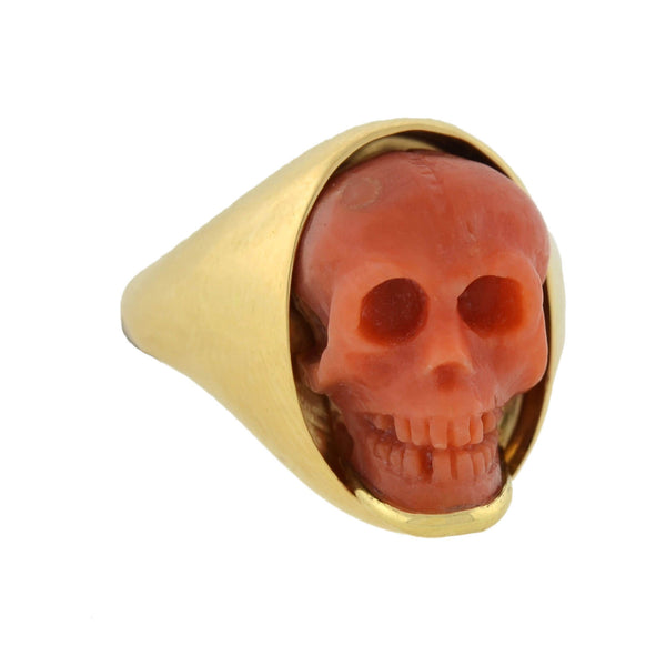 Victorian Style 18kt Hand Carved Natural Coral Skull Ring