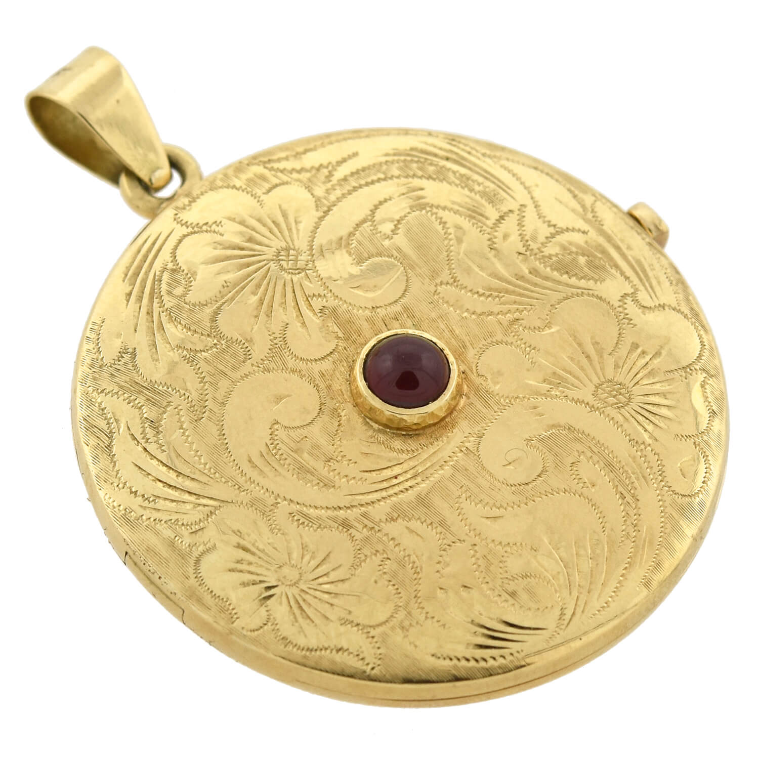 Victorian Large 14kt Etched Gold + Cabochon Garnet Locket