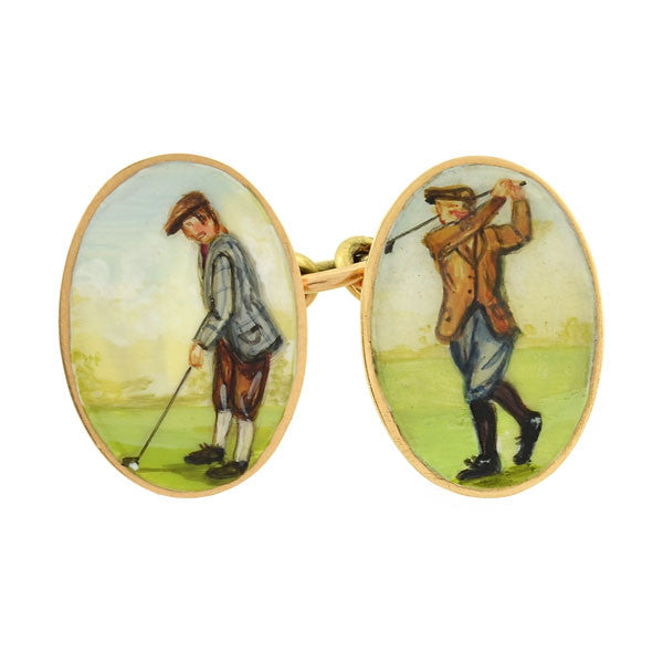 Victorian 15kt Enameled Golf Motif Double-Sided Cufflinks