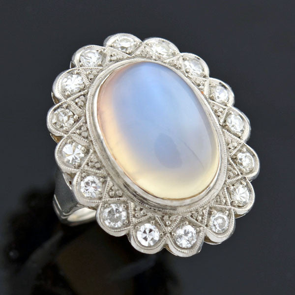 Victorian Revival Retro 14kt Large Moonstone Diamond Cluster Ring – A ...