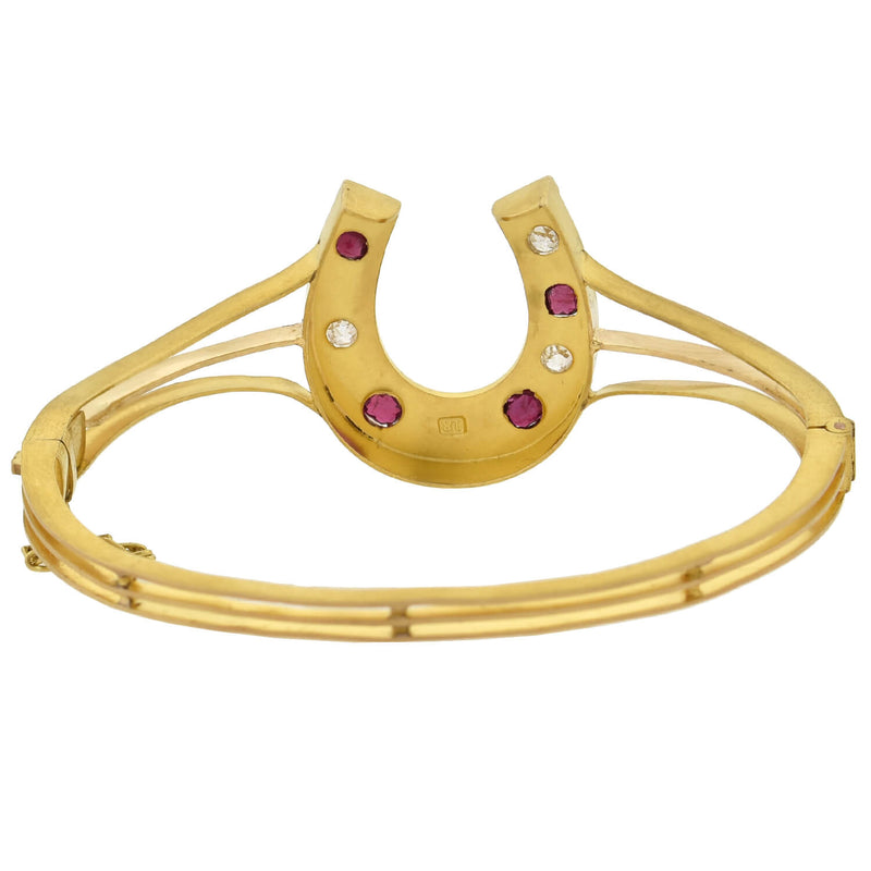 Victorian 18kt Diamond + Natural Ruby Horseshoe Bangle Bracelet