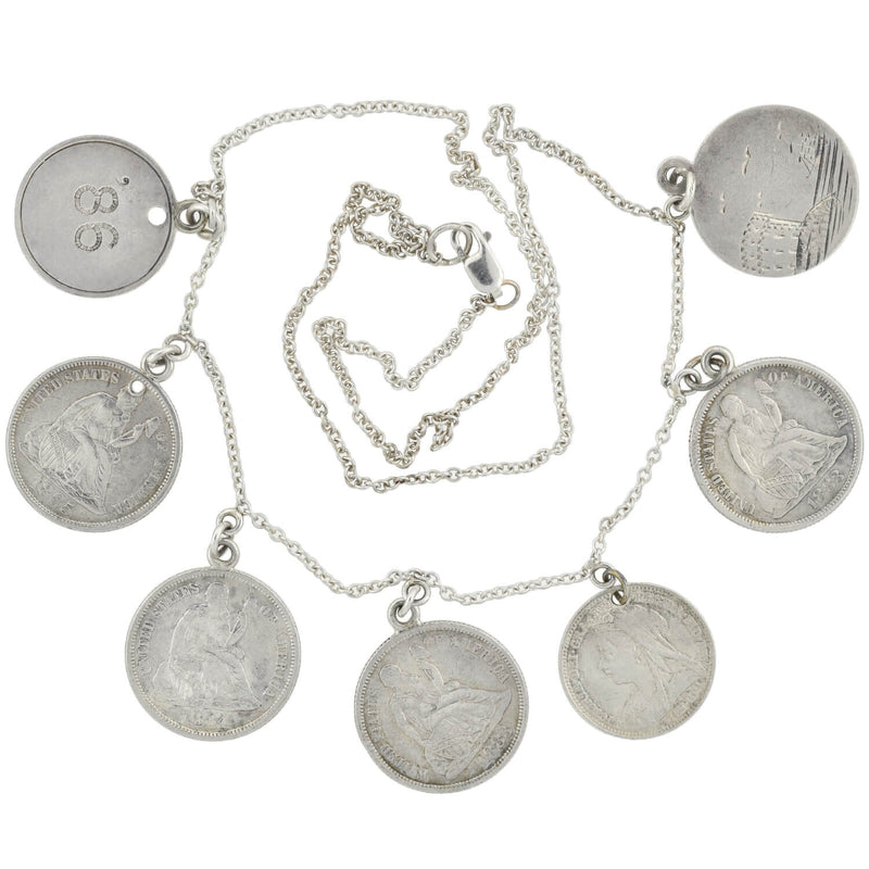 Victorian Sterling Silver Love Token Coin Compilation Necklace
