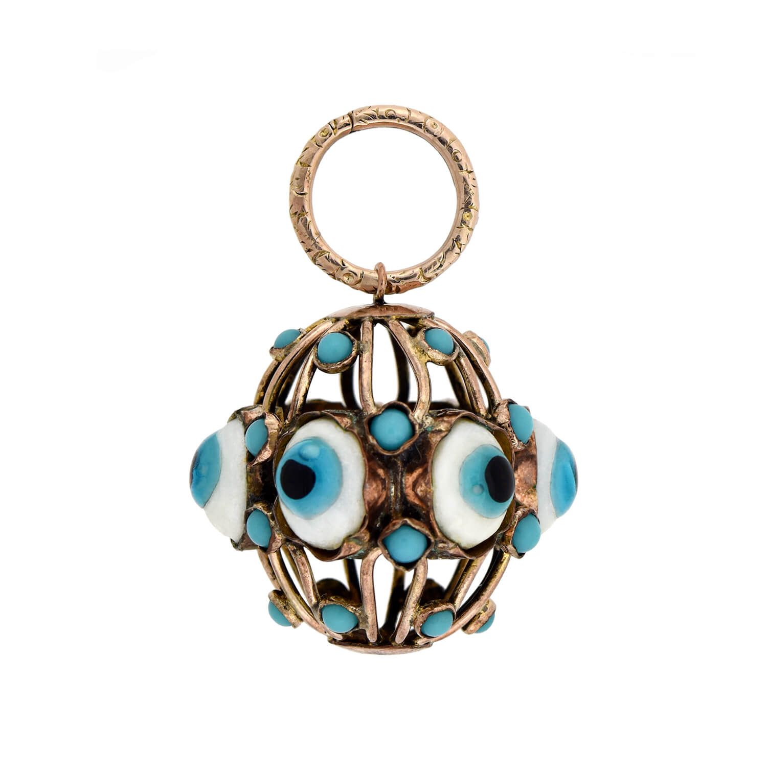 Vintage 9kt Glass "Evil Eye" Caged Ball Charm Pendant
