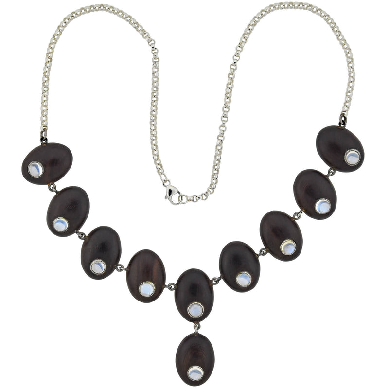 Vintage Sterling Silver Wood + Moonstone Link Necklace 16"