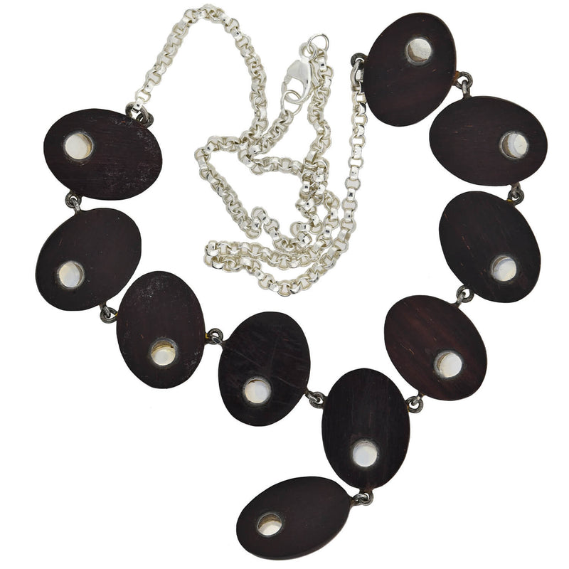Vintage Sterling Silver Wood + Moonstone Link Necklace 16"