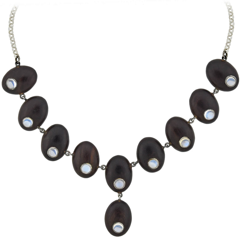 Vintage Sterling Silver Wood + Moonstone Link Necklace 16"