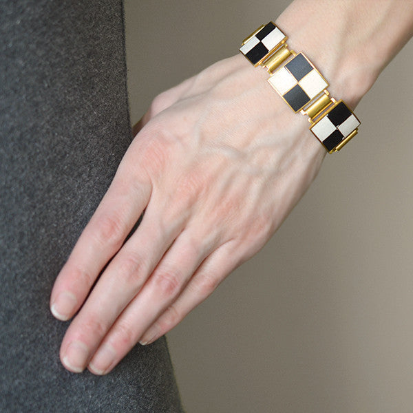 Vintage Signed Black & White Checkerboard Enamel Bracelet
