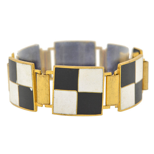 Vintage Signed Black & White Checkerboard Enamel Bracelet
